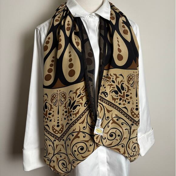 Talbots Vintage Silk Scarf Black 57" Oblong Tie Black & Tan Graphic Retro Print - Picture 1 of 8